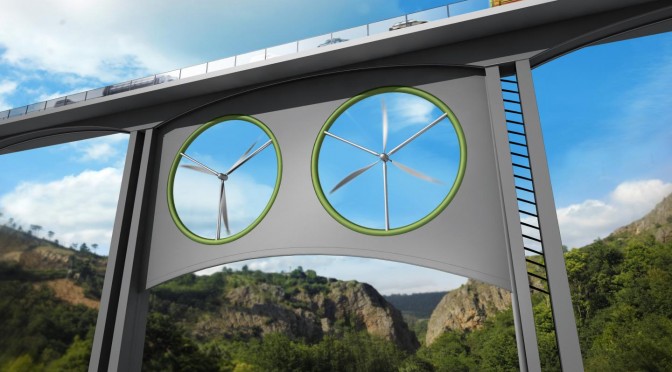 Viaducts with wind turbines, the new renewable energy source