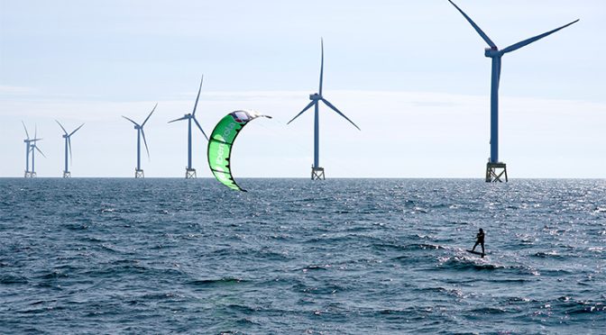 Gisela Pulido sails among wind turbines at the East Anglia One offshore wind farm